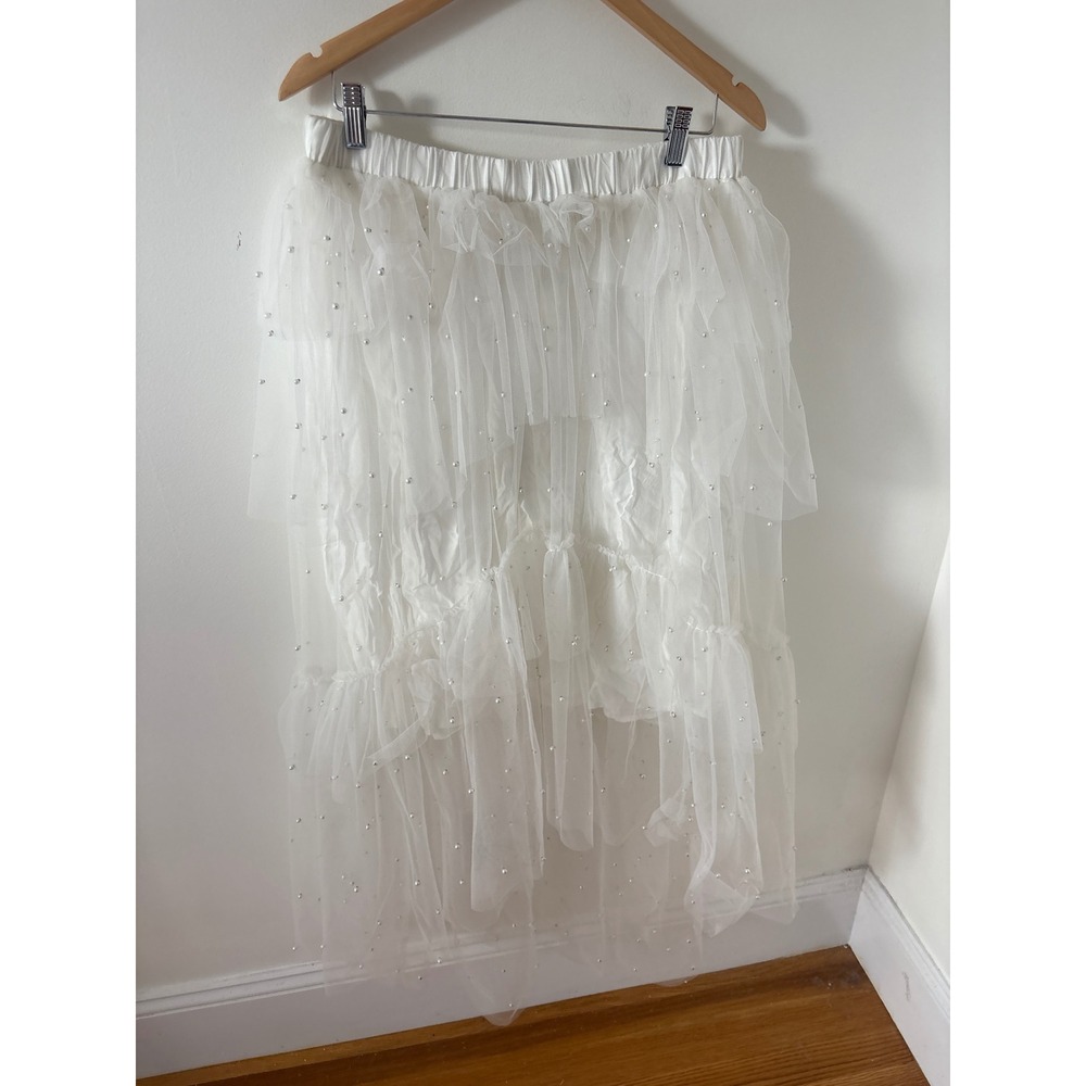 Maeve Anthropologie White Tulle Pearl Tiered Maxi Skirt Large NWT Blanc 79681953